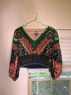 FARM Rio Multicolor V-Neck Smocked Crop Top